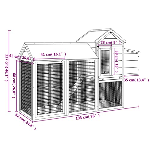 'vidaXL Chicken Coop - Rustic Solid Pine Wood Enclosure with Nesting Box, Resting Area and Run Ramp for Chickens, Rabbits, Ducks, Geese and Birds