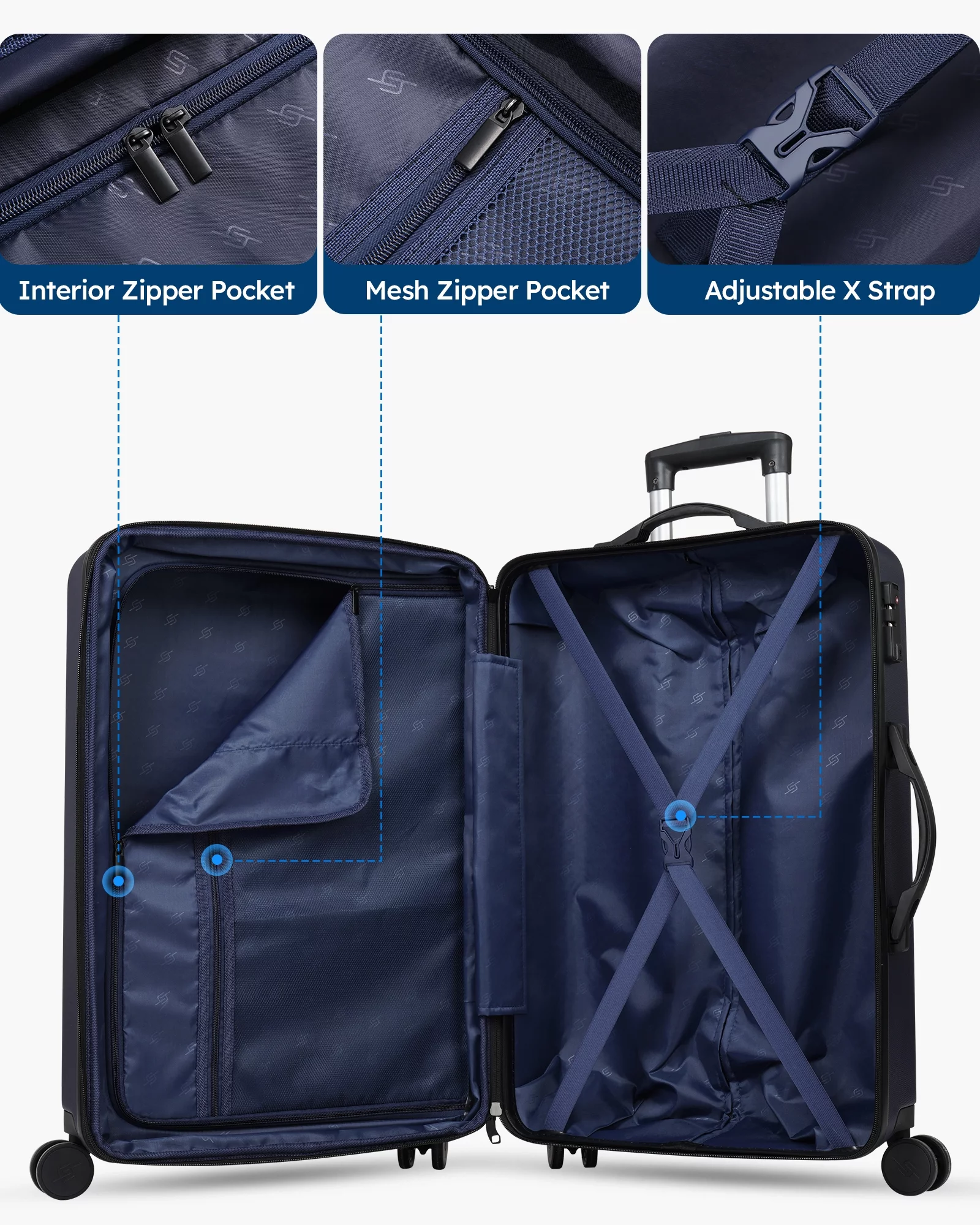 Hard Expandable Luggage Sets with Double Spinner Wheels, TSA Lock, 3-Piece Suitcase Sets, Dark Blue