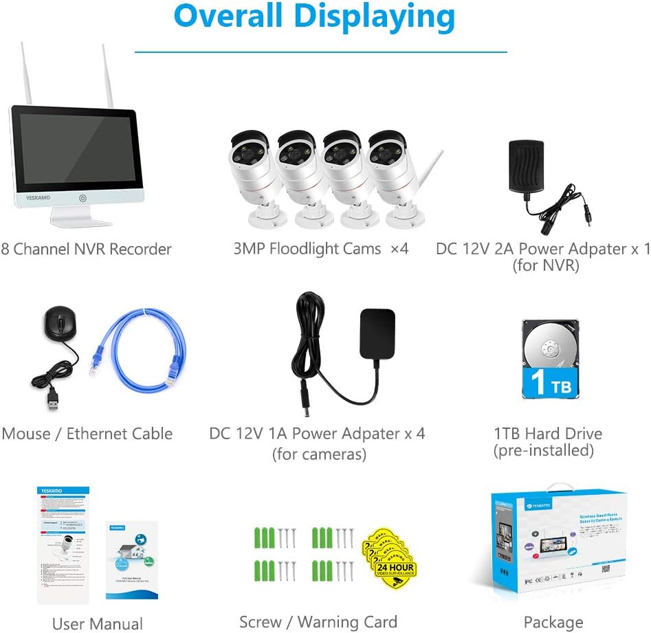Floodlight Wireless Security Camera System with 12'' Monitor 2 Way Audio, YESKAMO Outdoor 3MP WiFi IP Cameras AI Human Detection Siren Alarm