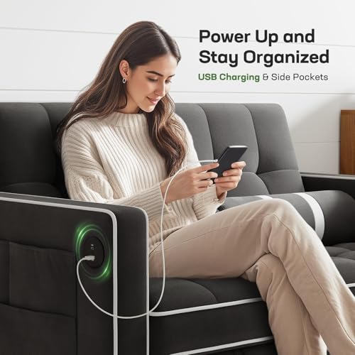 Marsail Sofa Bed, 3-in-1 Convertible Sleeper Sofa, Futon Couch with USB Charging, Side Pockets & Adjustable Backrest, Pull Out Couch for Living Room