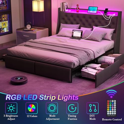 Queen Bed Frame with 2 Storage Drawers, Platform Bed Frame Queen Size with LED Light, Upholstered Headboard, Charging Station, Steel Slat Support