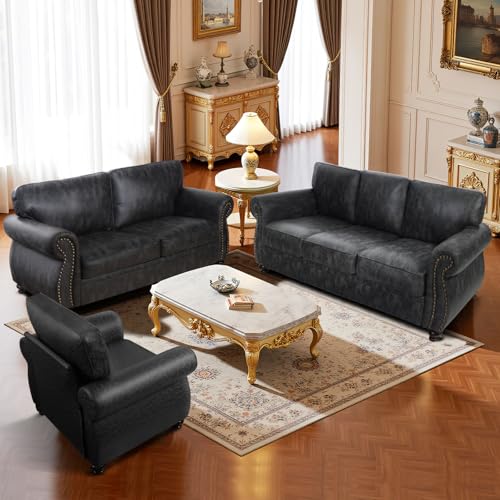 Mid-Century Vintage Sofa Couches with Rivet Design,3-Seater Sofa,Removable Sofa Cover Upholstered Cushions and Solid Wood Frame (Brown, 3-Seater)