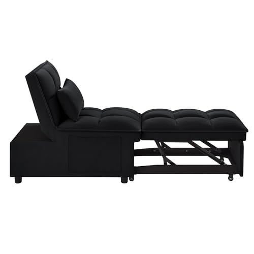 4 in 1 Multi-Function Single Sofa Bed, Pull Out Couch with Adjust Backrest, Tufted Single Pull-out Sofa Bed with Storage Pockets and 2 Pillows