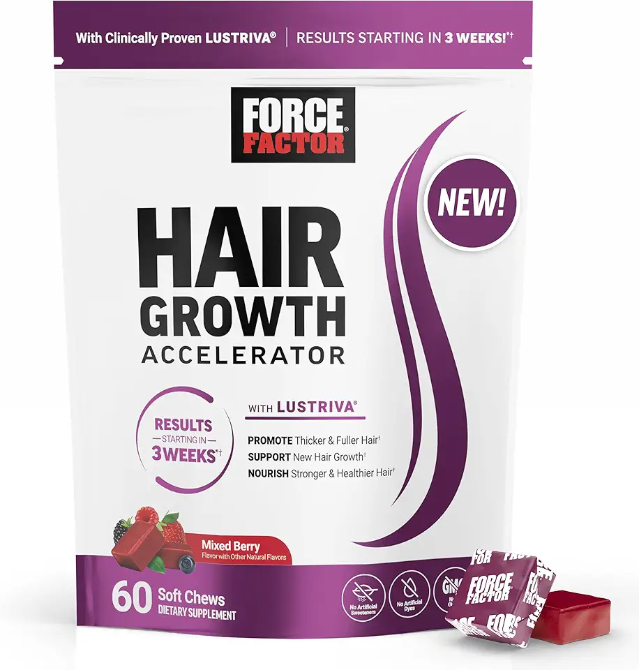 FORCE FACTOR Hair Growth Accelerator Soft Chews, Lustriva & Biotin to Promote Thicker, Stronger, Fuller Hair, Hair Growth Vitamins for Women