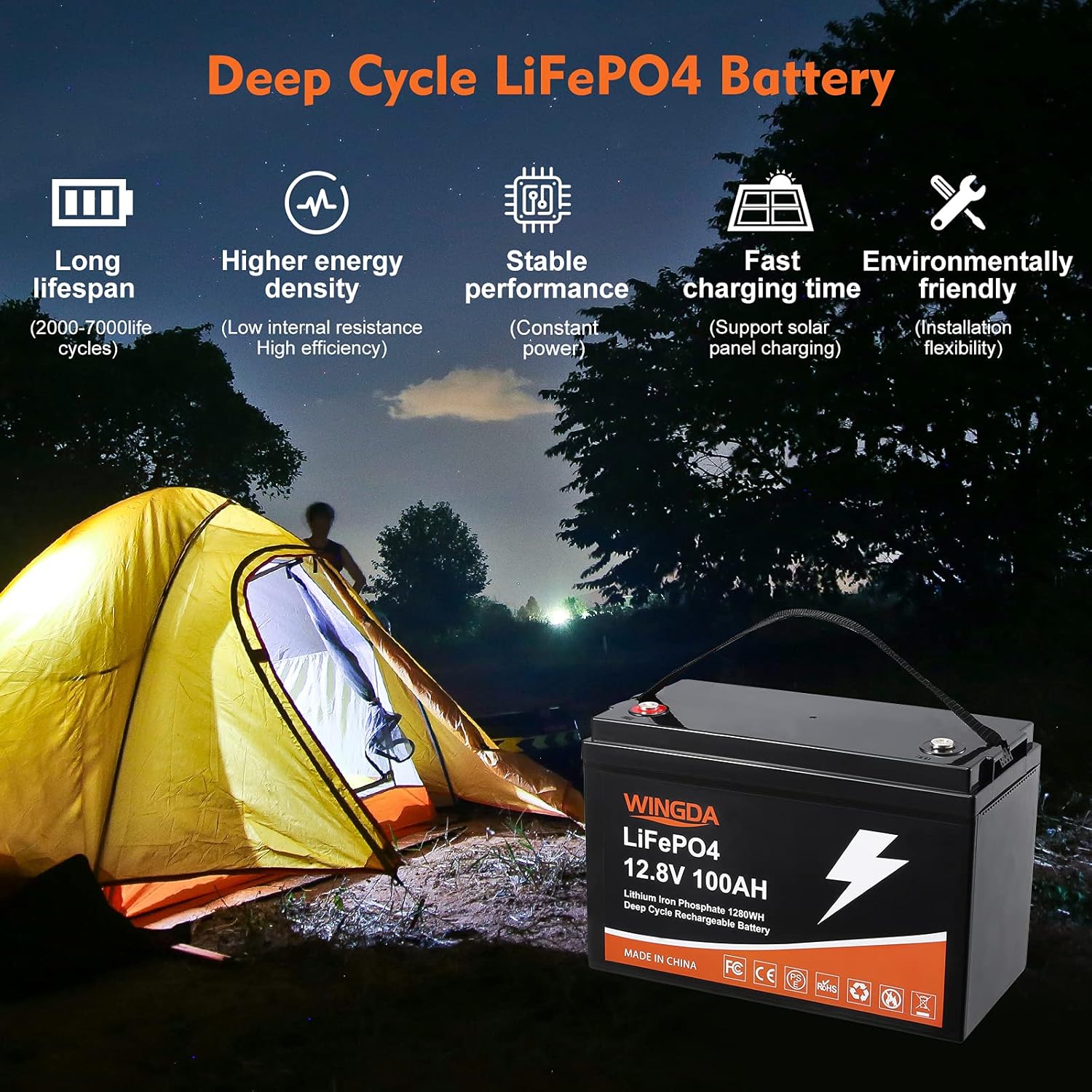 WINGDA LiFePO4 Battery 100Ah 12V Deep Cycle Lithium Batteries with Built-In BMS,5000+ Cycles 10 Year Life Time Rechargeable for RV, Solar Power