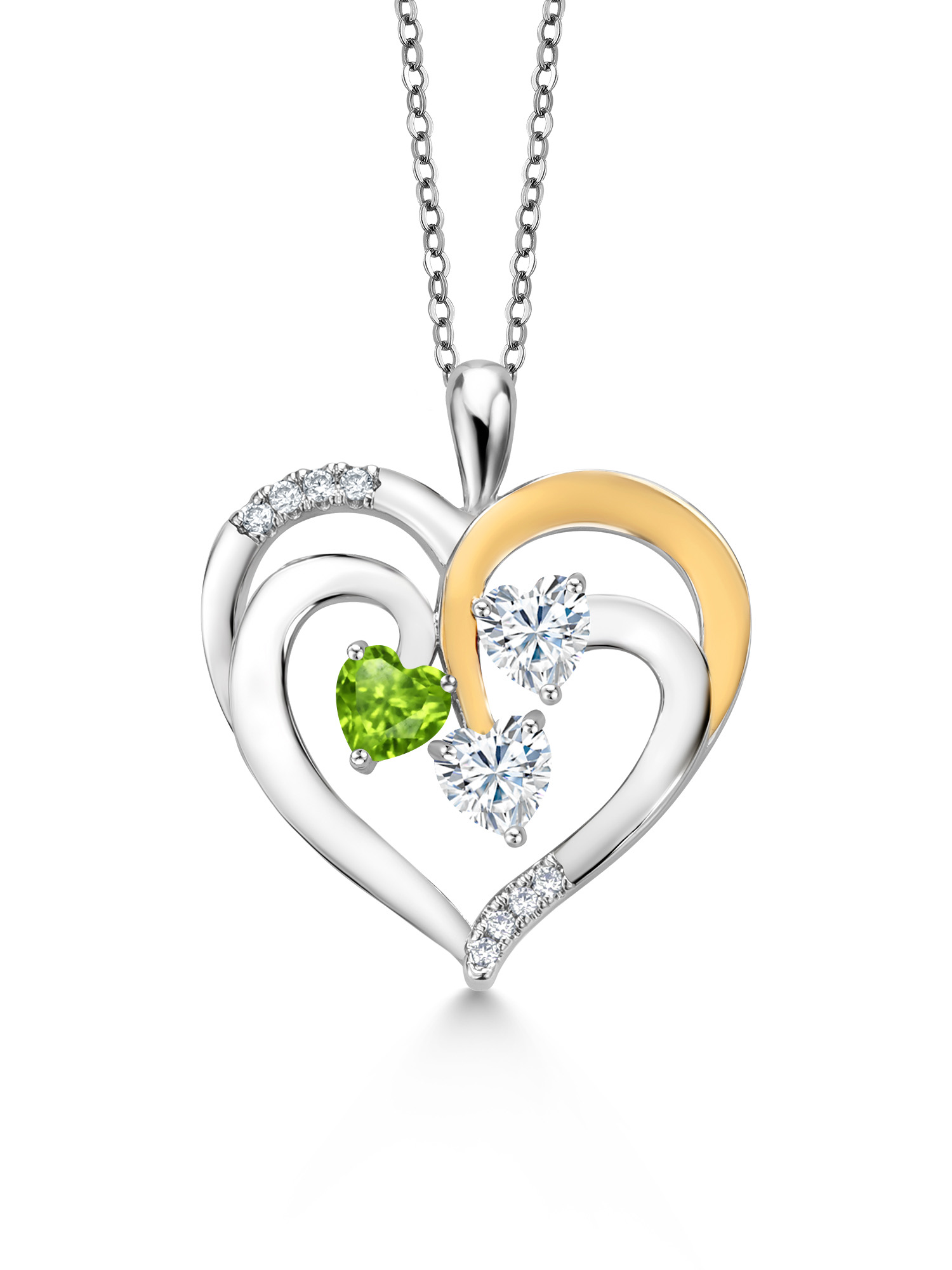 Gem Stone King 925 Two-Tone Sterling Silver and White Green Peridot and White Moissanite Pendant Necklace For Women (1.34 Cttw, Heart Shape 5MM