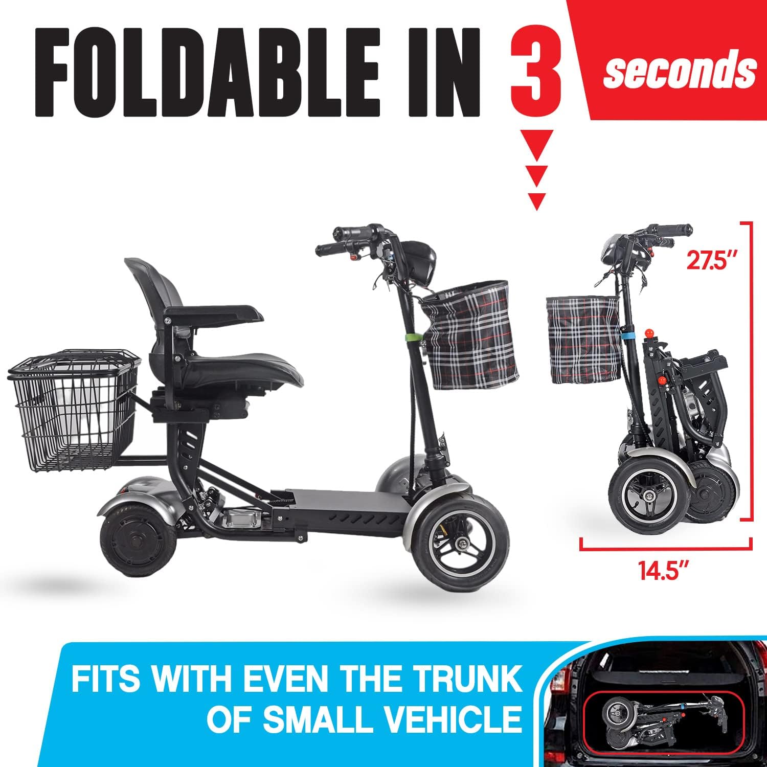 Darkshadows by MaritSA - Foldable 4 Wheel Mobility Scooter for Seniors. Long Range Battery 15.6AH-25 Mile Range (Model8)