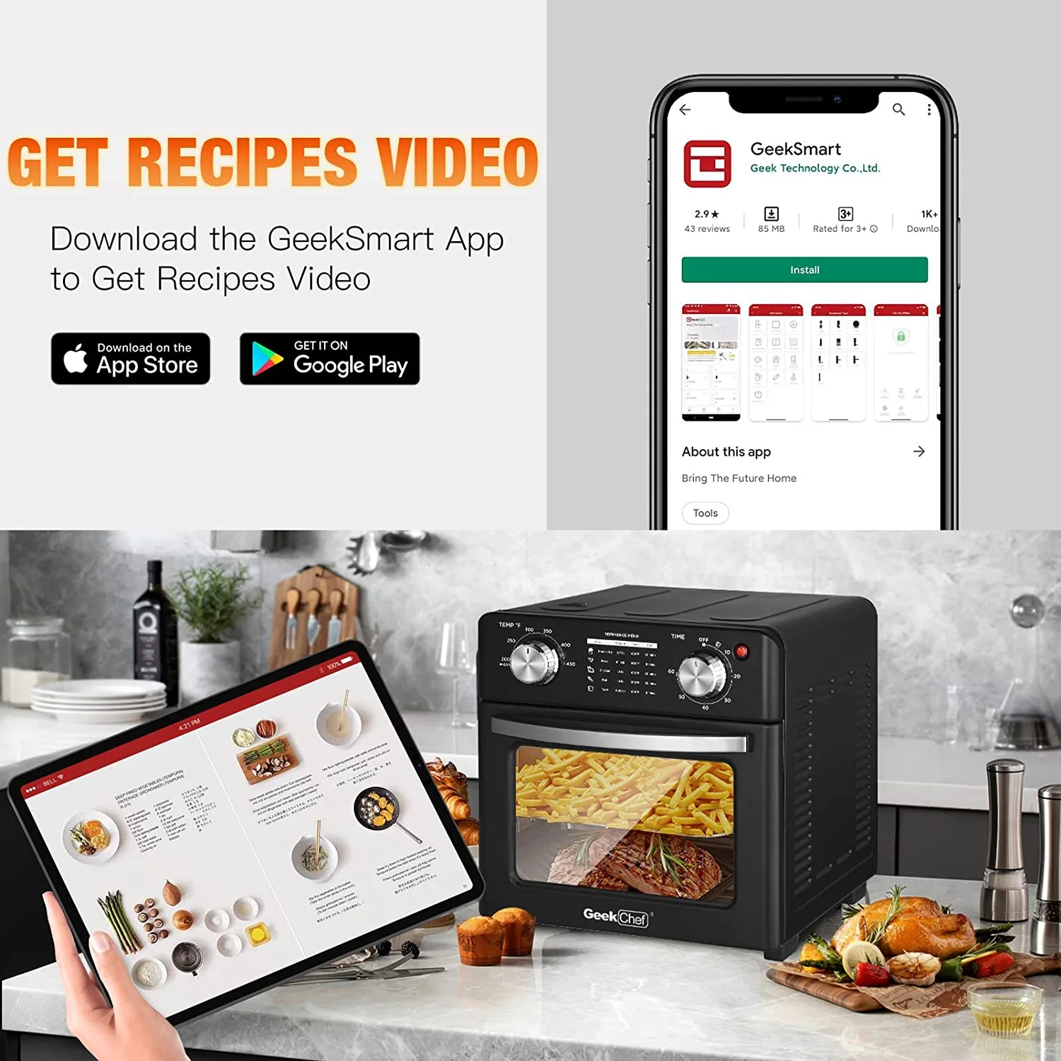 Geek Chef Air Fryer Oven 10 Quart, Oil-less Air Fryer Toaster Oven with Digital Recipe, 1400W, Black