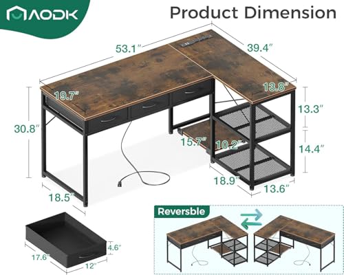 AODK 53 Inch L Shaped Computer Desk with Drawers, Corner Desk with Power Outlets & Reversible Storage Shelves
