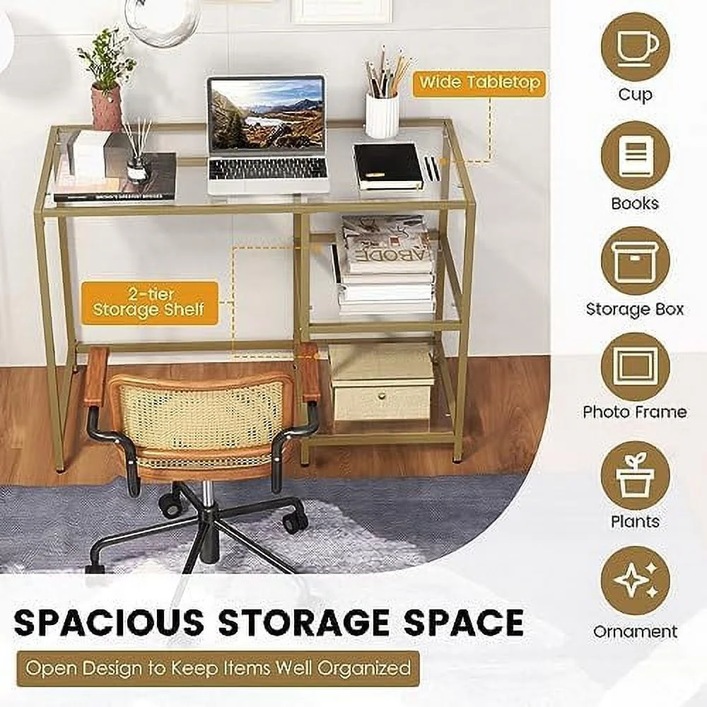 HJZBNONE Tempered Glass Computer Desk with 2-Tier  Shelves  Modern Computer Workstation  Vanity Makeup Table  Sturdy Metal Frame  Home Office Desk
