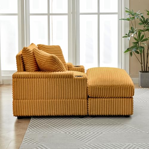 Oversized Corduroy Upholstered Chaise Longue Indoor,Comfy Thicked Padded Lounge Chair with Movable Ottoman,Soild Wood Sleeper Reclining Chair