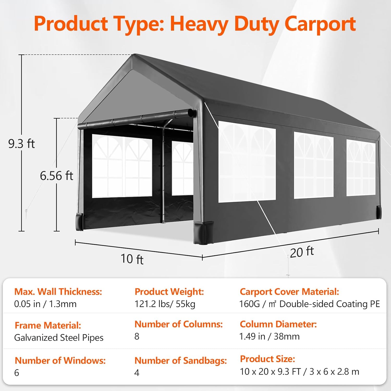 10 * 20 Heavy Duty Carport Canopy, Portable Car Tent Garage with 6 Roll-up Windows and All-Season Tarp Cover, Metal Roof & 4 Sandbags for Car, SUV