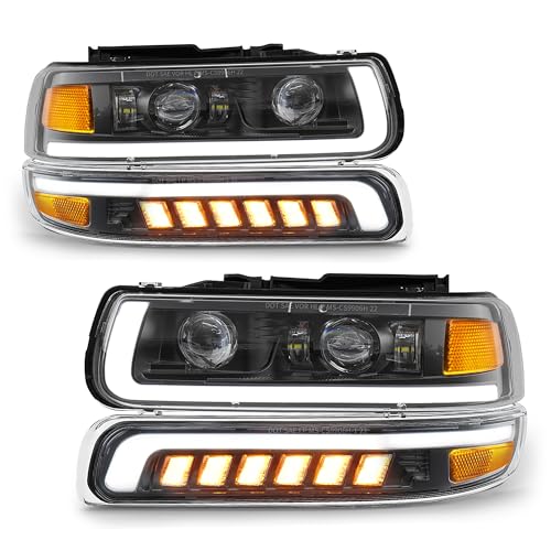 LED Headlights Assembly Headlamps Replacement for 1999-2002 Chevy Silverado 2000-2006 Suburban 00-06 Tahoe Sequential Turn Signal Hi/Low Beam DRL