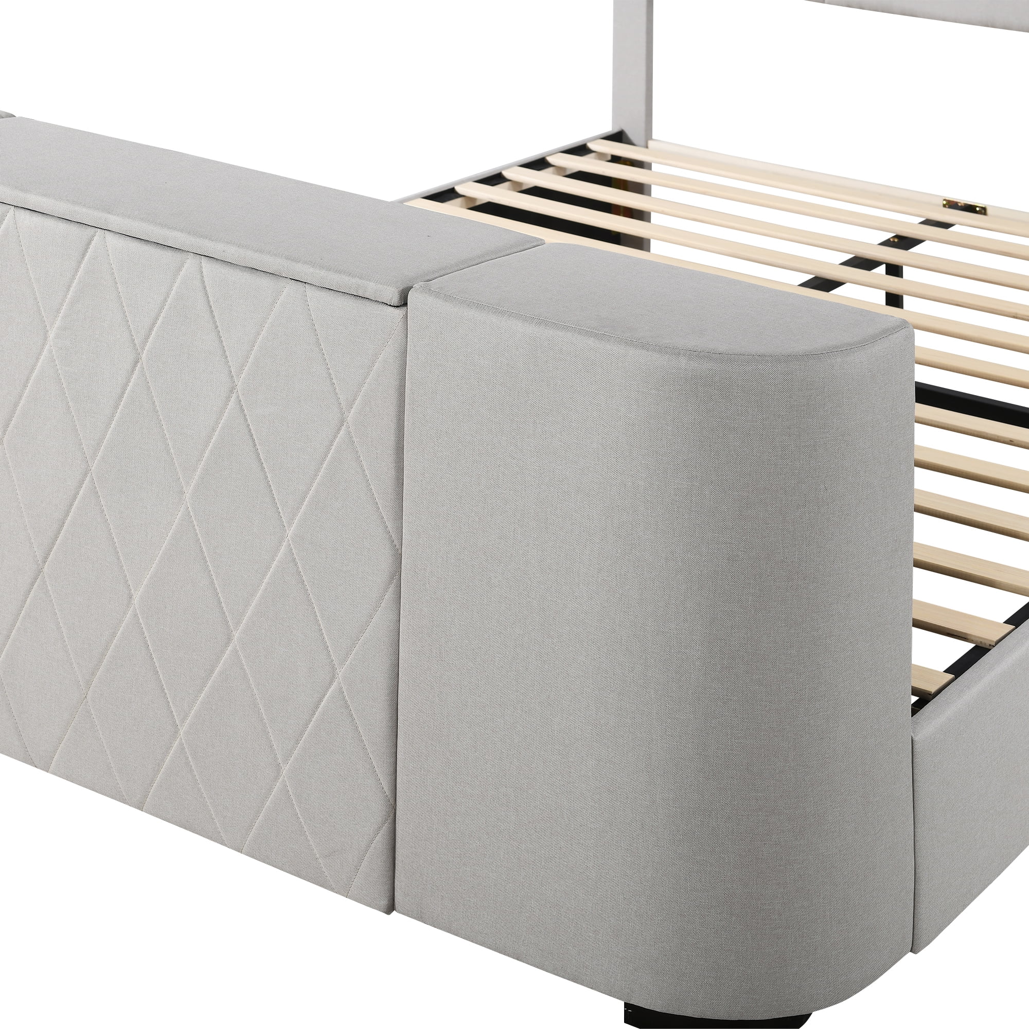 Euroco Upholstery Queen Size Platform Bed, Gaming Bed with Hidden TV Mount and Adjustable Headboard for Living Room, Beige