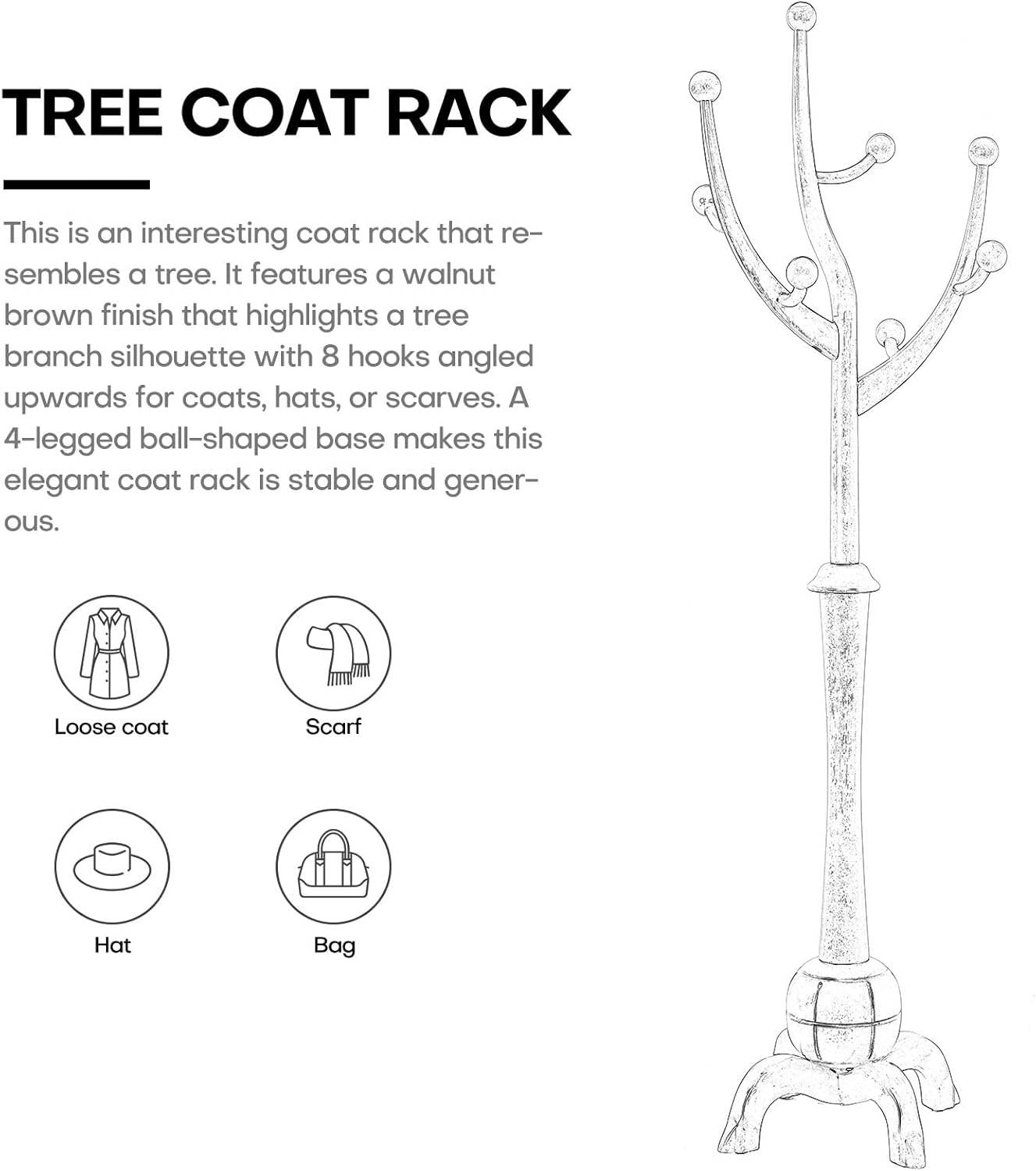 Heavy Duty Coat Rack Freestanding Wood Tree Rack with 8 Hooks, Unique Design Tree Branch-look