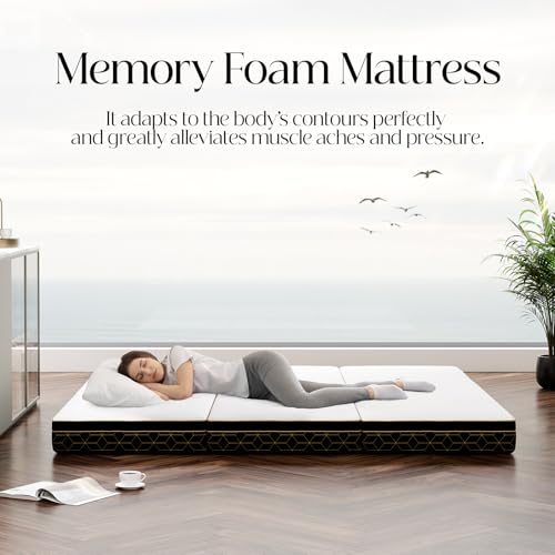 Tri-Fold Memory Foam Mattress Queen - 6 Inch Portable Folding Mattress with Handle & Washable Cover, Floor Bed with Non-Slip Base