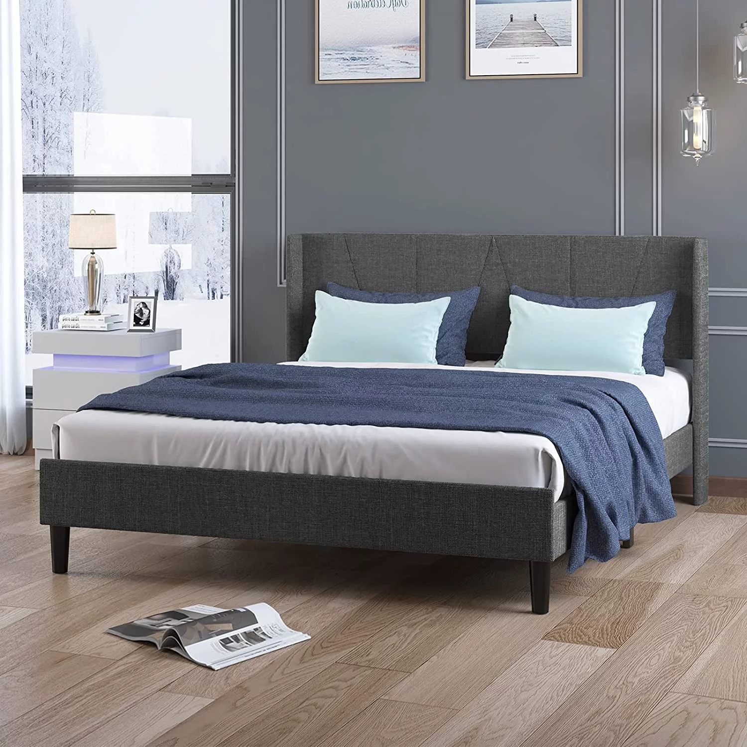 sell well Mjkone Full Upholstered Wingback Platform Bed Frame with Modern Headboard/Mattress Foundation with Wood Slat Support No Box Spring