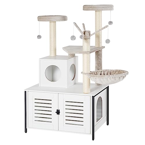 HOOBRO Cat Tree with Litter Box Enclosure, 27.6" L x 18.9" W x 52" H, All-in-One Wooden Cat Tower, Cat Furniture for Indoor Cats