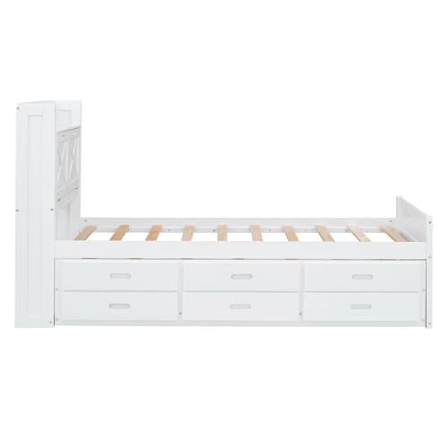Harper & Bright Designs Twin Size Captain Platform Bed with Bookcase Headboard, Wood Twin Bed Frame with Storage Drawers and Shelves