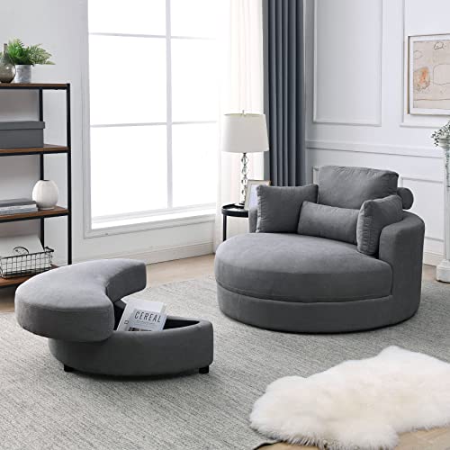 51.5-Inch Oversized Swivel Accent Barrel Chair with Storage Ottoman ,Button Decor and 4 Pillows