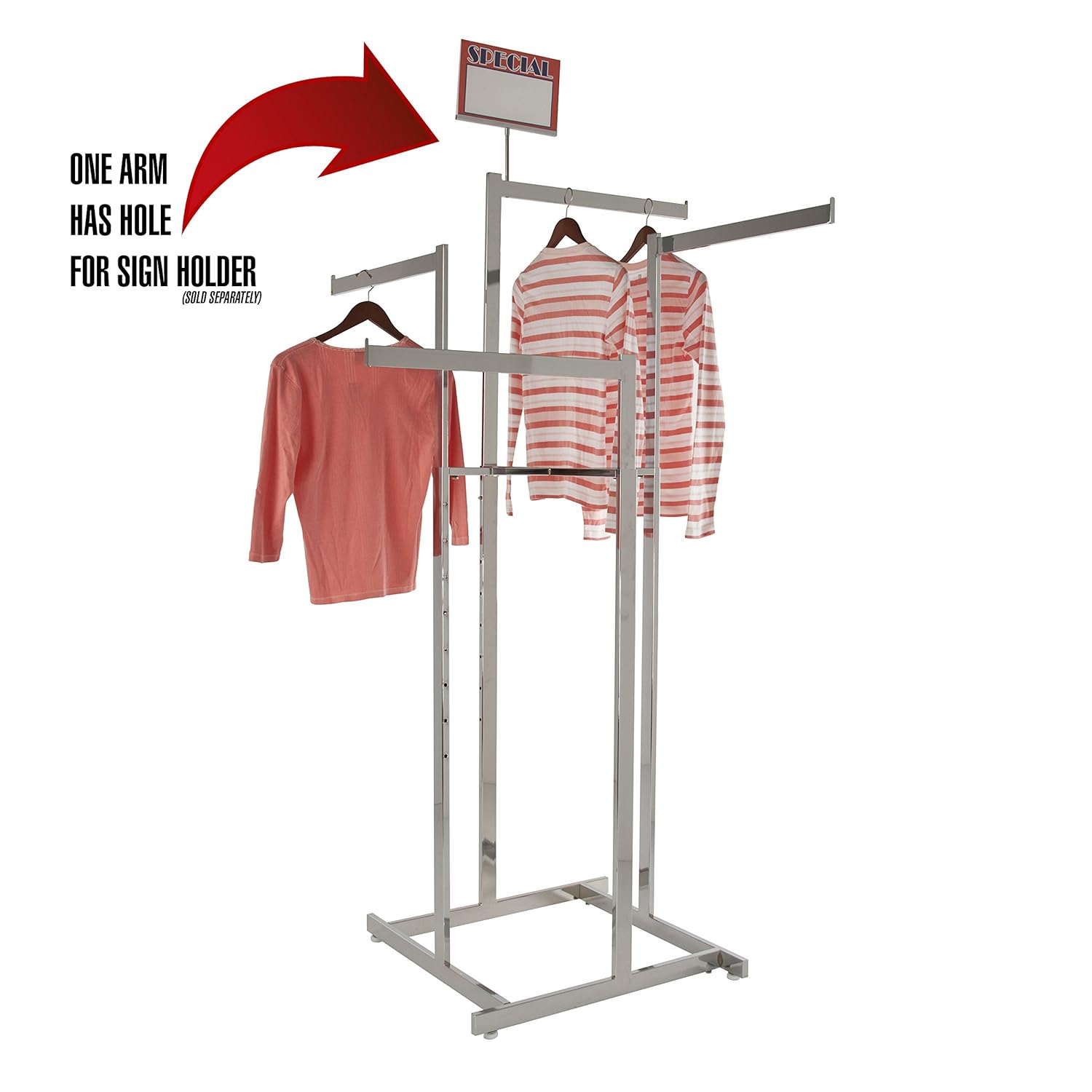 Clothing Rack – Chrome 4 Way Rack, High-Capacity, Blade Arms, Square Tubing, Perfect for Clothing Store Display With 4 Straight Arms 22” Length