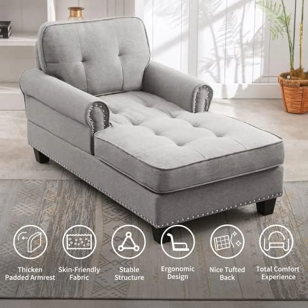 NLIBOOMLife Chaise Lounge Sofa Couch Linen Chaise Sofa Bed Bench with Tufted Back  Mid-Century Sleeper Sofa Chair Bed for Small