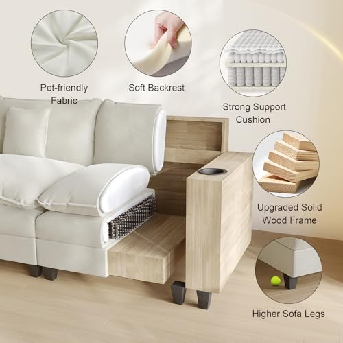Modular Sectional Sofa, Cloud Couch with Ottoman, Charging Station, Throw Pillows, Cup Holders, Modern Convertible U Shaped Couches for Living Room