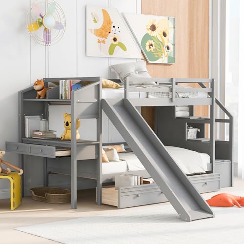 Harper & Bright Designs Bunk Beds Twin Over Full Size, Bunk Bed with Trundle,Storage Shelf and Stairway