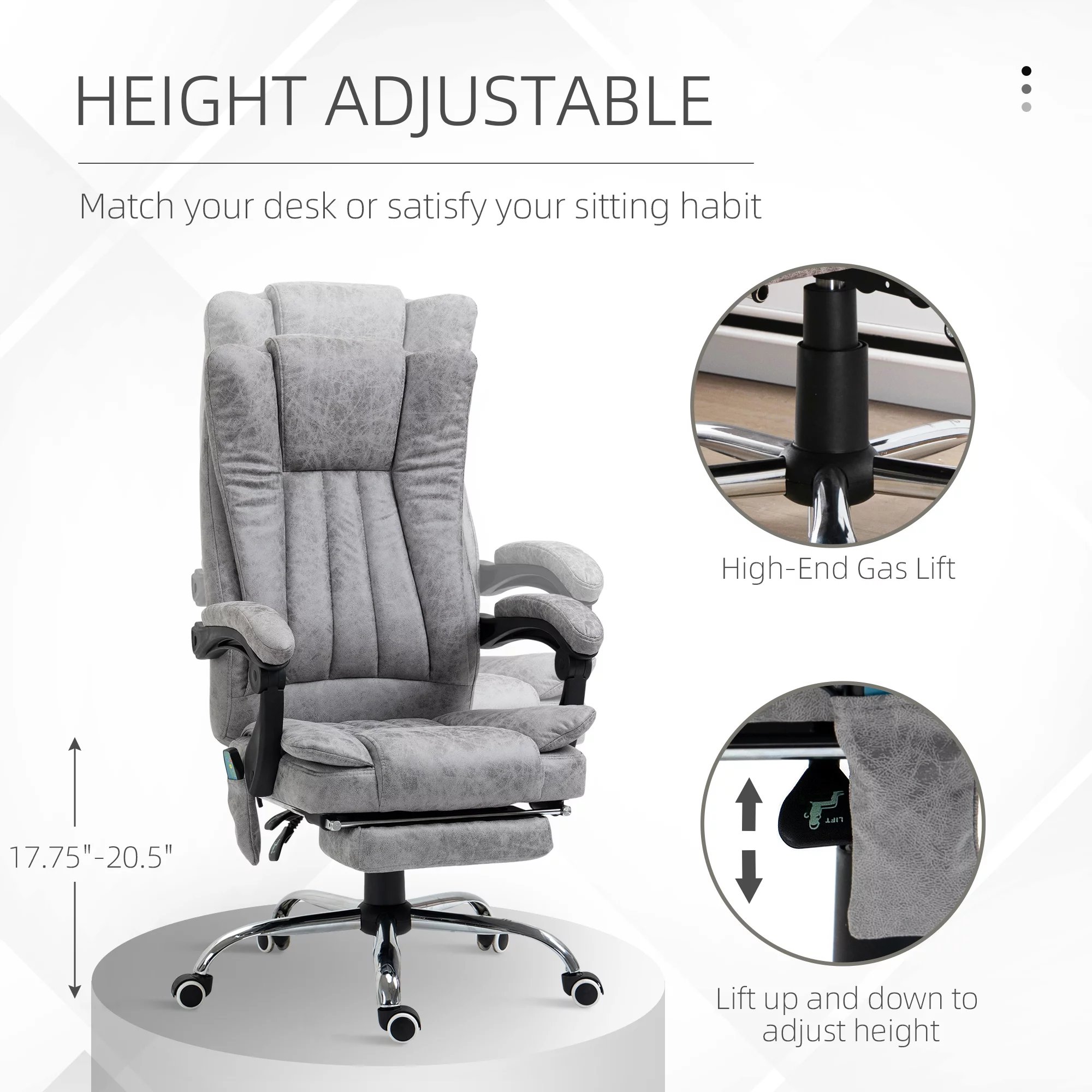 Vinsetto Microfiber Office Chair, High Back Computer Chair with 6 Point Massage, Heat, Adjustable Height and Retractable Footrest, Gray