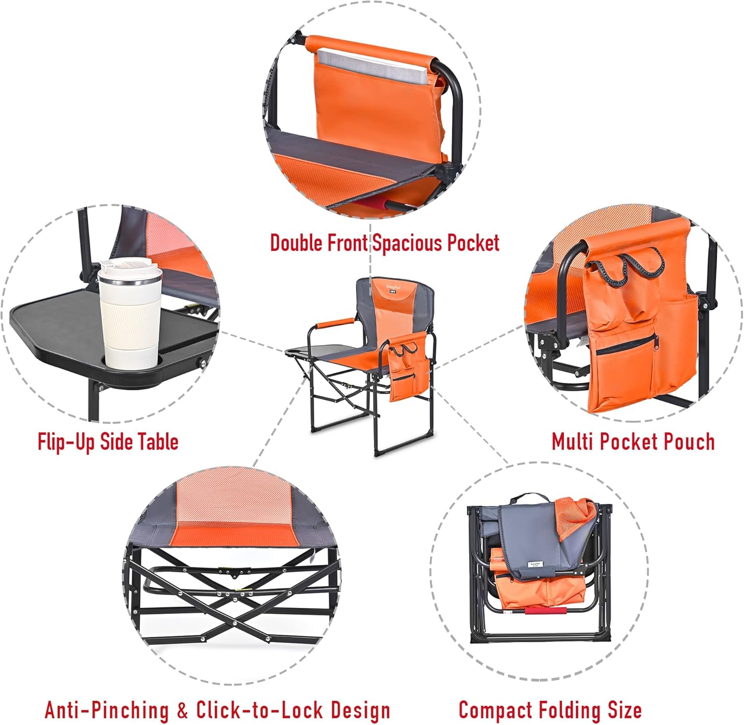 SUNNYFEEL Camping Directors Chair 2 Pack with Aluminum Outdoor Folding Table, Oversized Portable Folding Chair with Pocket for Beach, Fishing,Trip