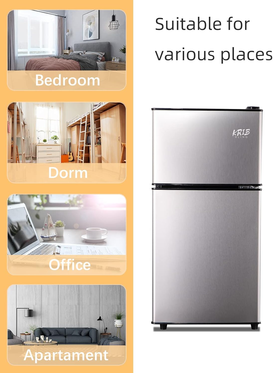 KRIB BLING Compact Refrigerators with Freezer, 3.5 Cu.ft Mini Fridge with 7 Level Temp Adjustable Thermostat, Small Fridge for Apartment, Office