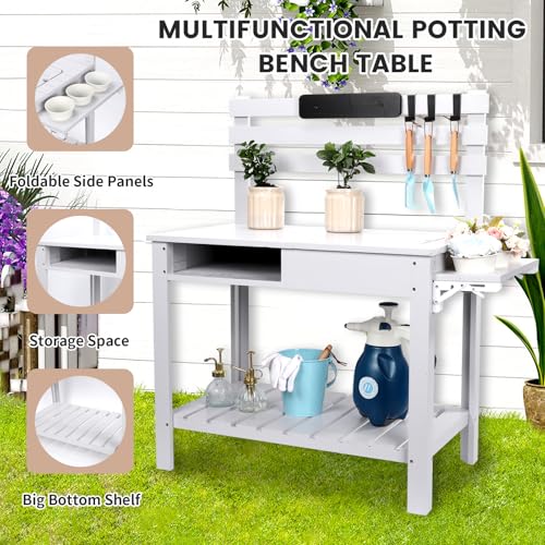 Potting Bench Table Outdoor Garden Table Wooden Work Station Outdoor Garden Work Bench Platform with 3 Side Hook Shelf Natural Wood Rice-White
