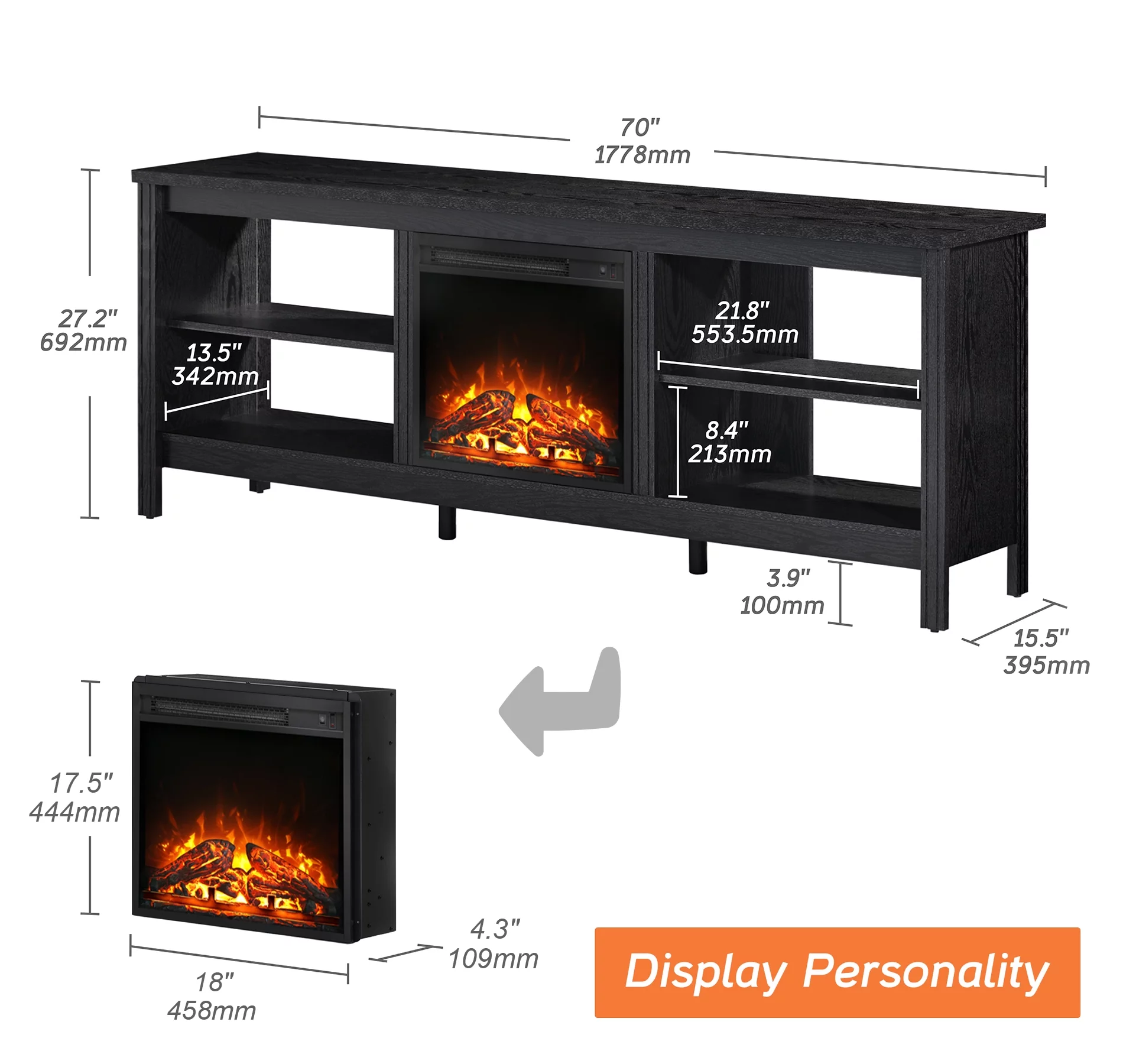 Fireplace TV Stand for 75 inch TV , Wood Entertainment Center with Electric Fireplace for Living Room Bedroom, 70 inch, Black