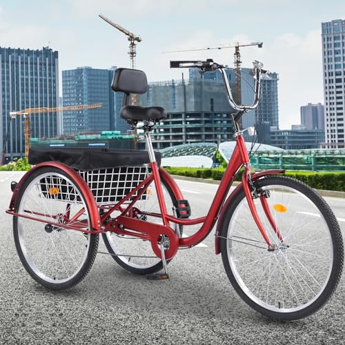 Adult Tricycles, 7 Speed Adult Trikes 24 inch 3 Wheel Bikes, Cruise Bike with Basket for Seniors, Women, Men for Recreation, Shopping, Exercise