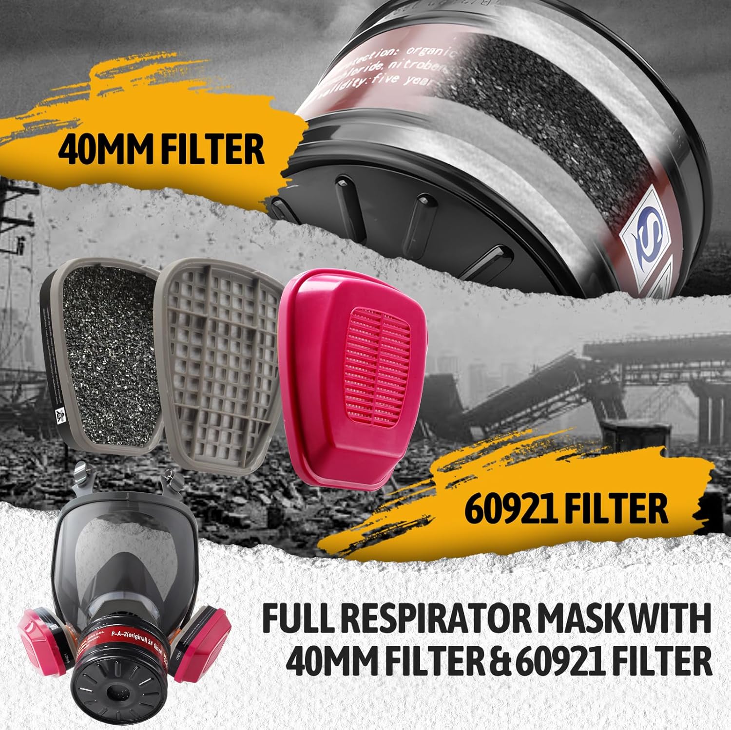 Gas Mask Respirator 4 Pack: Full Face Gas Masks Survival Nuclear and Chemical Reusable Respirator Mask with Filters 60921 & Activated Carbon 40mm