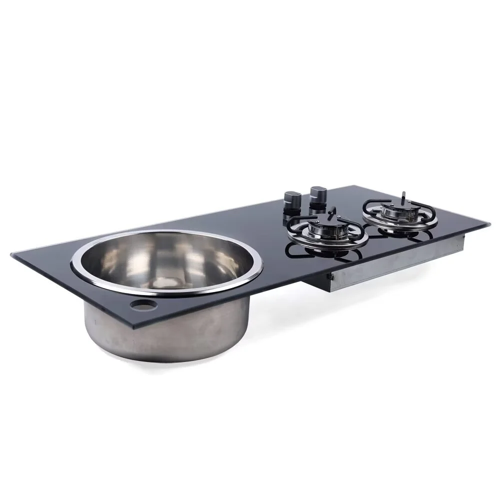 MIDUO 31" LPG Gas Stove, Two Burner Faucet Stove Gas Cooktop, Portable Double Outdoor Cooker with Sink Combo