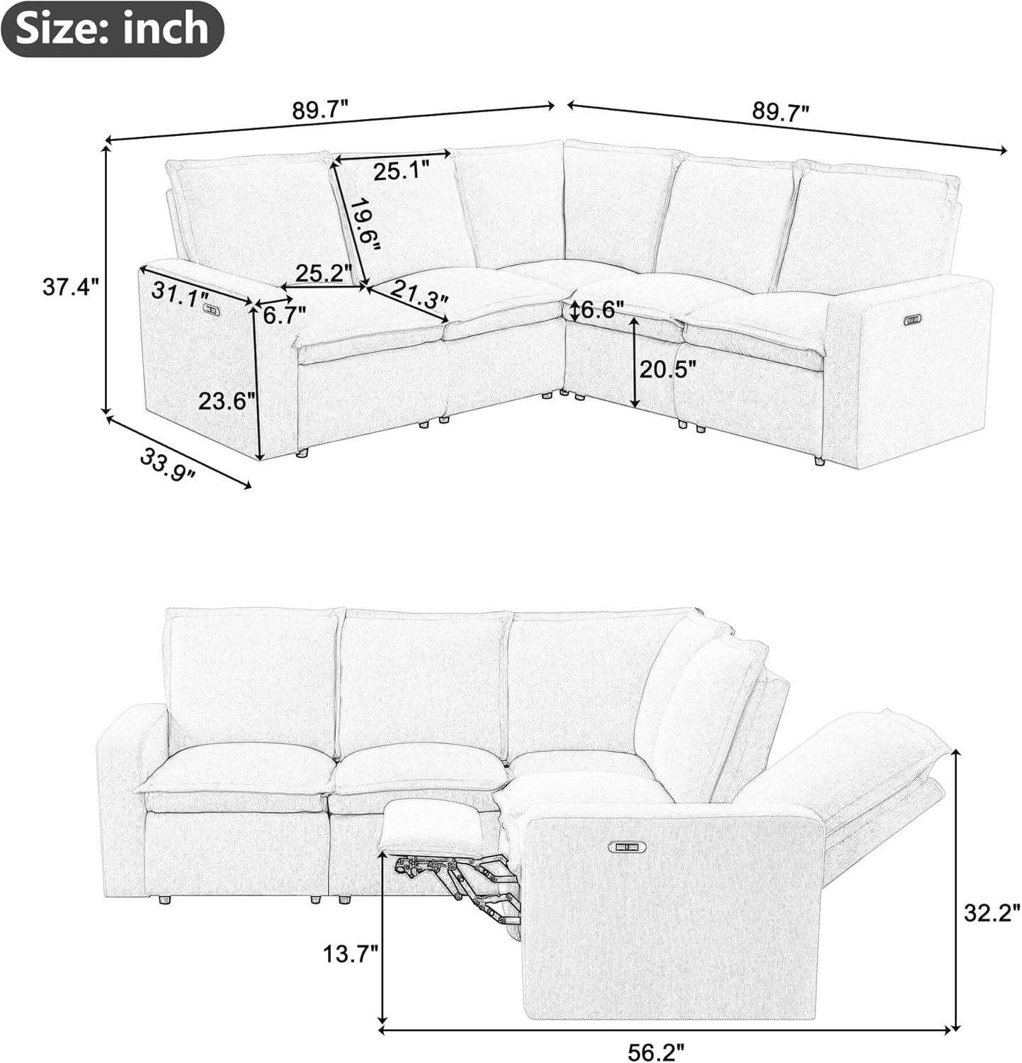 89'' Modular Sectional Sofa Couch, Convertible L Shaped Sofa with Power Recliner Chair, Modern 5-Seater Corner Sofa with USB Port