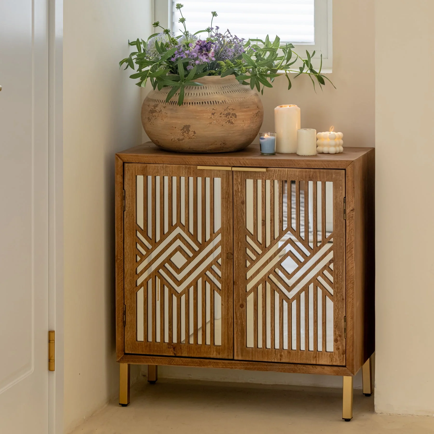 COZAYH  2-Door Accent Cabinet Modern Mirror Fronts Clean-Lined Silhouette, Natural