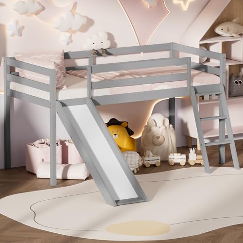 OLEAD Low Bunk Bed with Slide, Floor Loft Bed with Climbing Ladder, Wood Twin Bunk Bed Frame with Full Guardrails & Storage Space for Kids Toddler