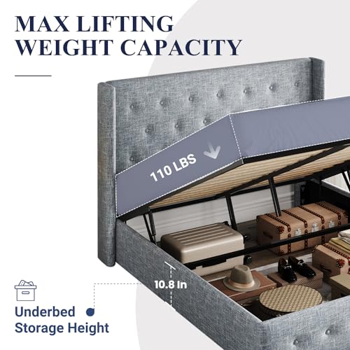 Allewie Full Size Lift Up Storage Bed, Modern Wingback Headboard, Hydraulic Support, No Box Spring Needed, Light Beige