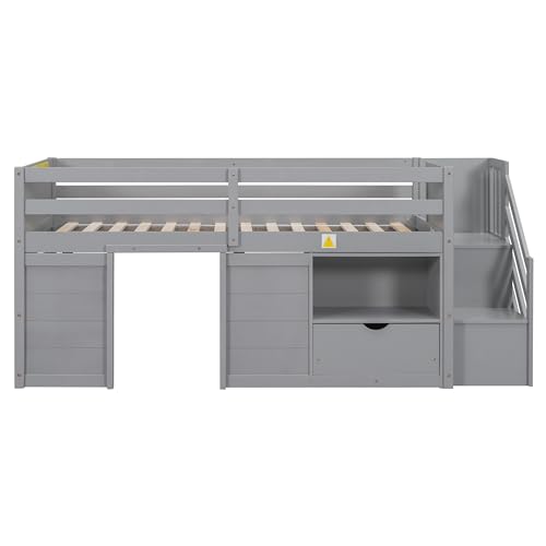 Harper & Bright Designs Low Loft Bed with Stairs, Solid Wood Twin Size Low Loft Bed Frame with Storage Drawers and Shelf