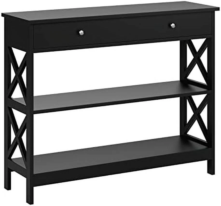 3-Tier Console Table with 1 Drawer and 2 Open Shelves  Narrow Wood Hallway Table Entry Table  X-Shaped Side Sofa Table for Living Room  Easy Assembly