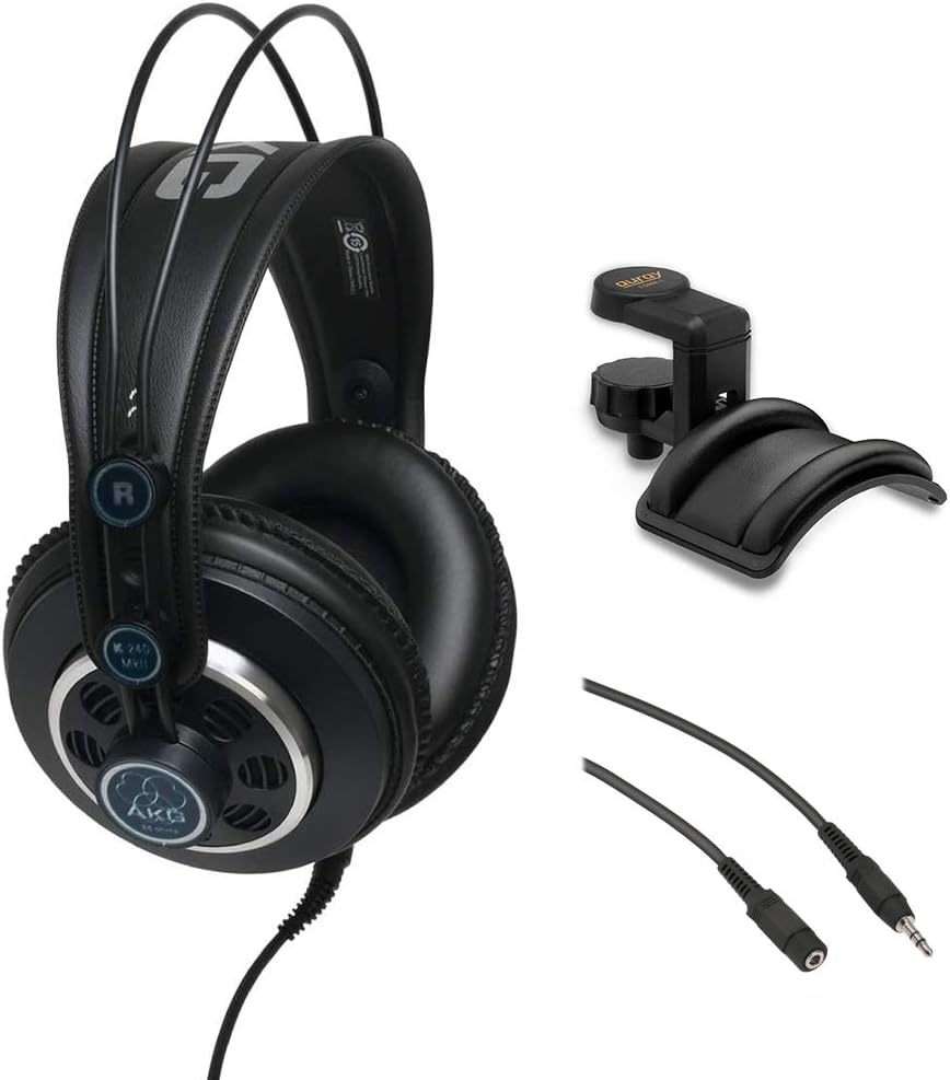 AKG K 240 MK II Professional Semi-Open Stereo Headphones with Headphone Holder & Male to Stereo Female Extension Cable Bundle