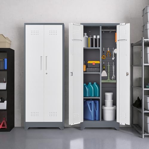 GREATMEET Broom Storage Cabinet, 65" Metal Utility Closet for Brooms and Mops, Cleaning Supply Cabinet with Pegboard