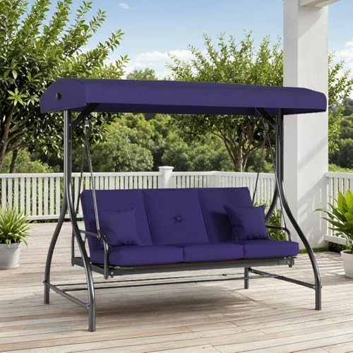 TLSUNNY 3-Seat Outdoor Patio Porch Swing with Adjustable Canopy & Backrest, Convertible Glider Bed with Stand, Removable Seat Cushion
