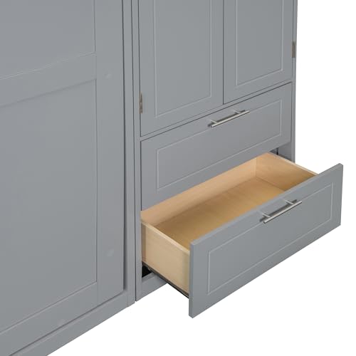 Queen Size Wall Murphy Bed with Desk, Top Cabinet and Storage Shelves, Wood Queen Murphy Hidden Wall Bed for Home Office or Small Room