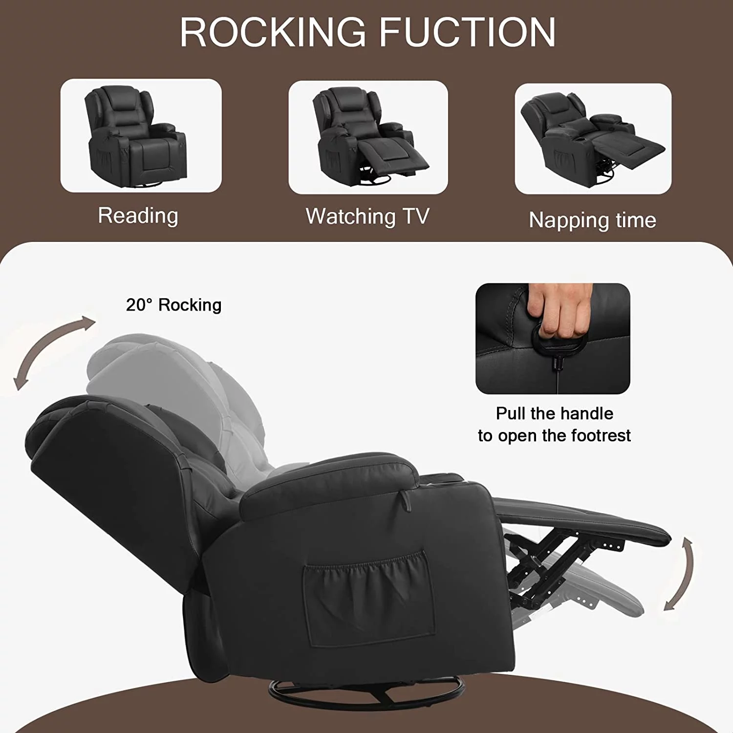 IPKIG Manual Recliner Chair, Faux Leather 360 Degree Swivel Rocker Recliner Chairs for Living Room