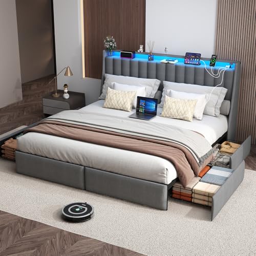 Queen Bed Frame with 2 Storage Drawers, Platform Bed Frame Queen Size with LED Light, Upholstered Headboard, Charging Station, Steel Slat Support