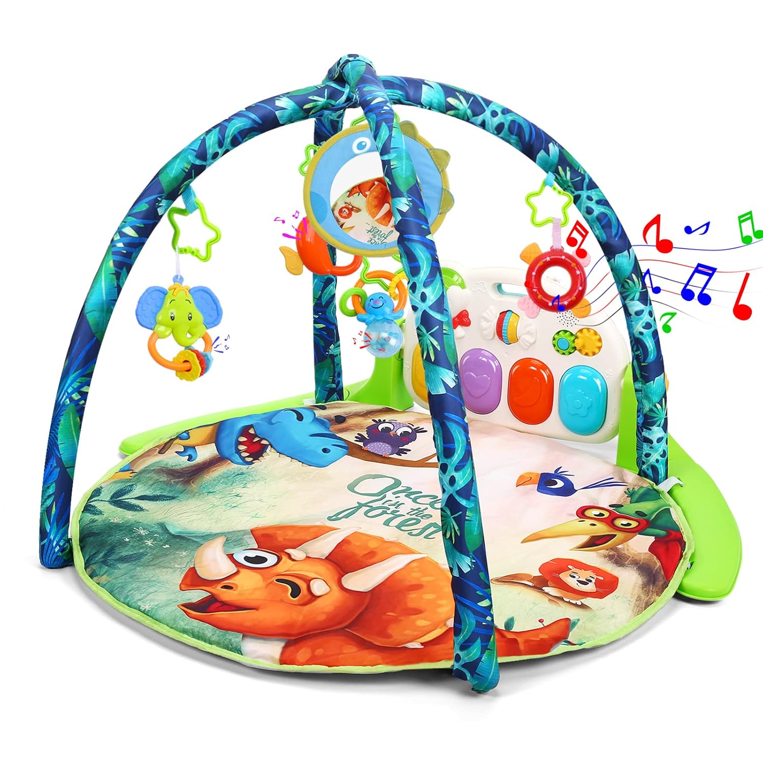 HOLYFUN Baby Gym Play Mat, Kick and Play Piano Gym with 5 Sensory Teether Toys, Multifunctional Tummy Time Round Playmats