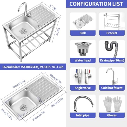 Outdoor Utility Sink,Free Standing Stainless Steel Laundry Tub, Single Bowl Portable Washing Hand Basin Station